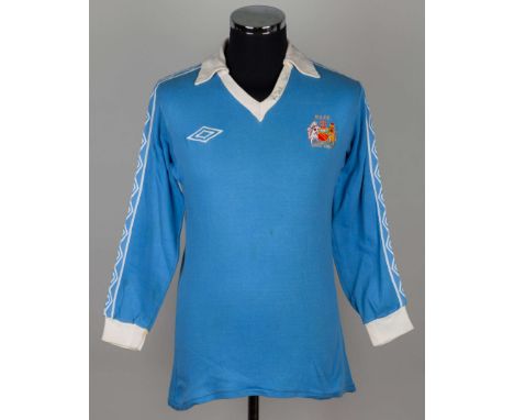 Paul Power sky-blue and white No.6 Manchester City v. AC Milan match worn long-sleeved shirt, 1978, Umbro, 40in., with v-neck