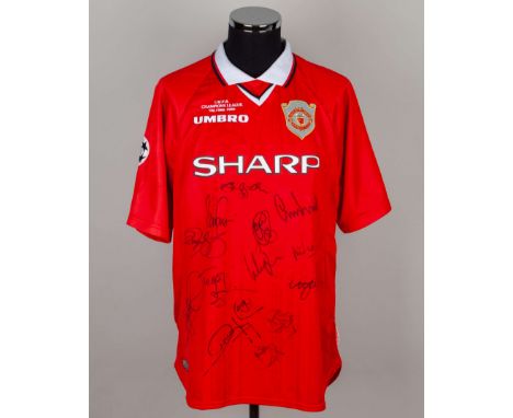 Henning Berg red No.21 Manchester United v. Bayern Munich 1999 Champions League Final match issued short-sleeved shirt, Umbro