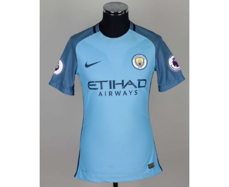 Leroy Sane sky-blue No.19 Manchester City v. Bournemouth match worn short-sleeved shirt, 2017, Nike, M, with crew-neck collar