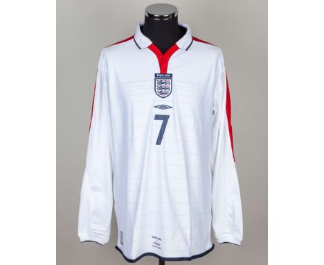 David Beckham white No.7 England v. Turkey match issued long-sleeved shirt, 2003, Umbro, XL, with button-up collar and embroi