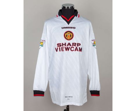 David Beckham white, black and red No.10 Manchester United long-sleeved shirt, 1996-97, Umbro, XL, with v-neck collar and emb