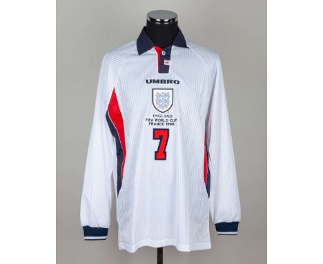 David Beckham white No.7 England 1998 World Cup issued long-sleeved shirt, Umbro, XL, with v-neck collar and embroidered clot
