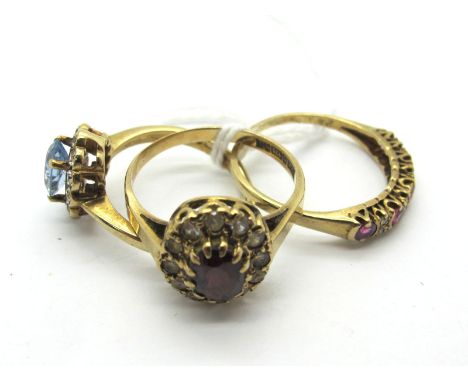 A 9ct Gold Cluster Dress Ring, (finger size J1/2); Another 9ct Gold Cluster Ring, (finger size N); A 9ct Gold Half Eternity S