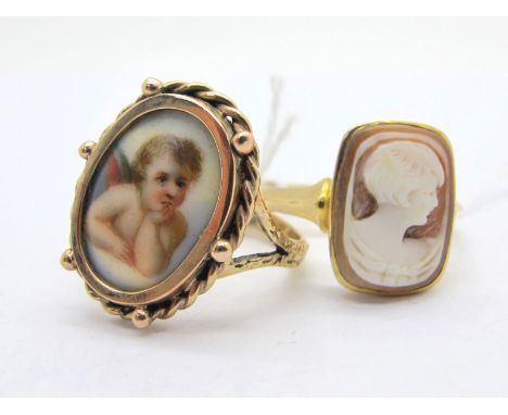 A Cameo Dress Ring, rectangular collet set, stamped "9ct" (finger size Q); Together with Another Dress Ring, the oval ceramic