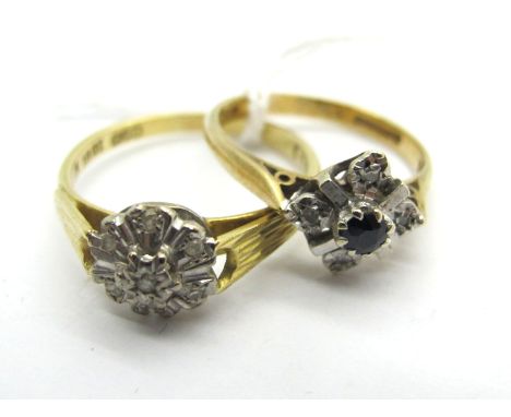 An Illusion Set Cluster Ring, between textured shoulders, stamped "18ct" (finger size R) (3.6grams); Together with A 9ct Gold