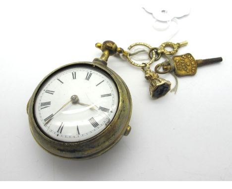 A Georgian Hallmarked Silver Gilt Pair Case Pocketwatch, the white dial with black Roman numerals (glass cracked), the highly