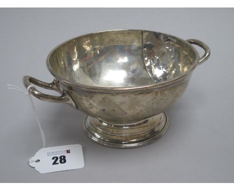 A Hallmarked Silver Twin Handled Footed Dish, (marks rubbed) of plain circular form, engraved "United Service Club 1815" (fei