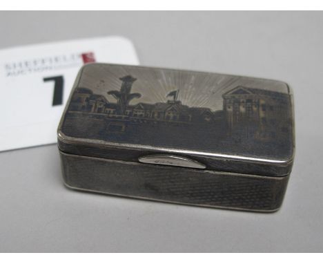 A XIX Century Russian Niello Snuff Box, stamped marks "1871" over "84" and makers mark "eB", gilt lined, of rectangular form,