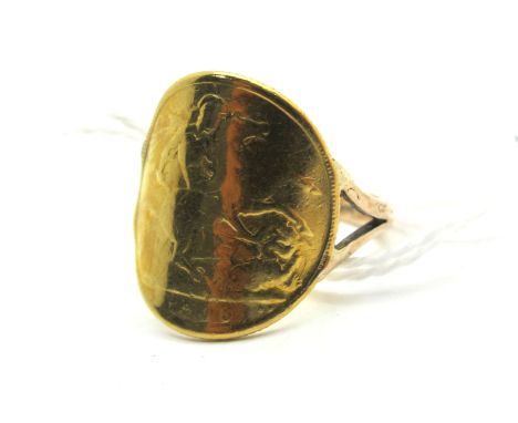 An Edward VII Half Sovereign, (poor / worn) converted to a ring with applied shank, indistinctly stamped "9ct" (finger size O