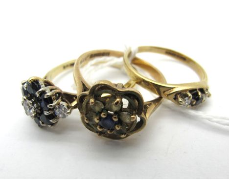 A 9ct Gold Cluster Ring, of flowerhead design (finger size O); A 9ct Gold Cluster Ring; and another 9ct gold ring (total weig