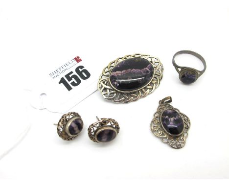 Blue John; A Hallmarked Silver Brooch, together with a dress ring (damage); a pair of openwork stud earrings and a pendant. 