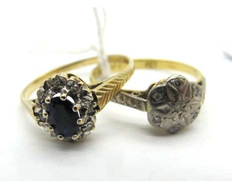 A 9ct Gold Cluster Ring, illusion set (finger size P); A Vintage Cluster Ring, illusion set, indistinctly stamped "18ct" (fin