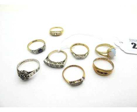 A Chester Hallmarked 9ct Gold Ring, (pearl missing); Together with seven further assorted dress rings, including a cluster, s