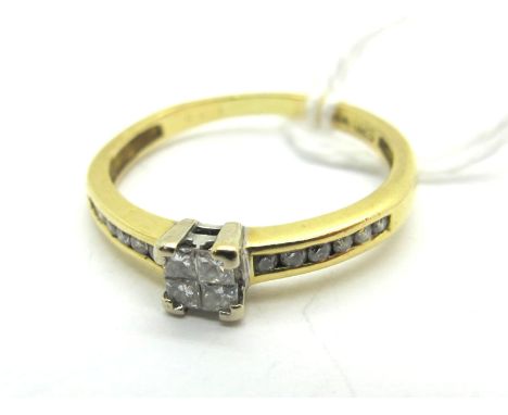 A Princess Cut Diamond Set Ring, claw set to the centre, between channel set shoulders, stamped "DIA 0.25" (finger size M). 