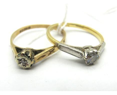 A Single Stone Diamond Ring, claw set (indistinctly stamped); Together with A 9ct Gold Single Stone Ring, illusion set. (2) 