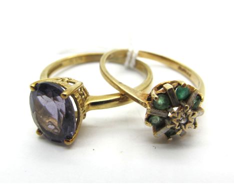 A 9ct Gold Cluster Ring, illusion set to the centre (finger size P); A Modern QVC 9ct Gold Single Stone Dress Ring, oval four