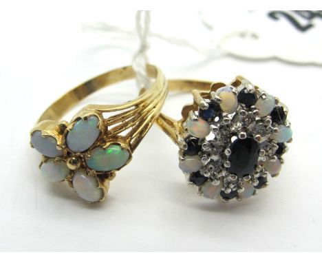 A 9ct Gold Opal and Sapphire Cluster Dress Ring, (finger size P1/2); An Opal Dress Ring, of abstract design, oval cabochon in