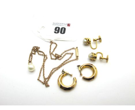 A Single Pearl Pendant, on a fine chain; A Pair of Pearl Earrings, (unpierced screw fittings); a pair of hoop earrings (unpie
