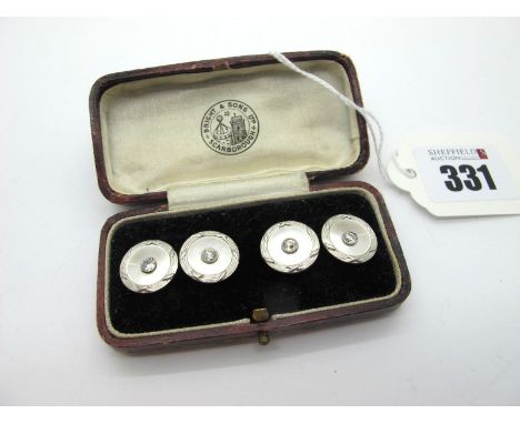 A Pair of c.Early XX Century Diamond Set Cufflinks, each old cut stone collet set on mother of pearl panel, within ribbon and