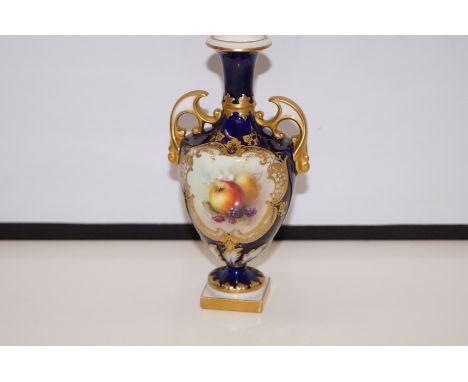 Royal Worcester twin handled vase, decorated with fallen fruit within a gilded vignette, signed R Seabright, height 15cm 