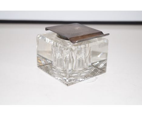 Art deco silver lidded inkwell, glass body with hobnail cut base, silver engine turned lid hallmarked for Birmingham, 1929, D