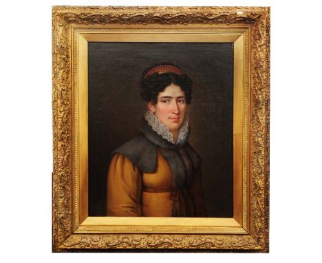 19TH CENTURY FRENCH SCHOOL Portrait of Agathe D'Alencon with curly brown hair wearing a tiara, frilled collar, brown cloak an