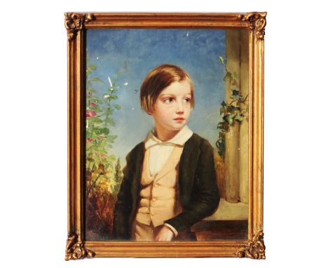 ATTRIBUTED TO JAMES CLARKE HOOK (1819-1907) Half length portrait of a young boy, leaning by stone column, in a formal garden 