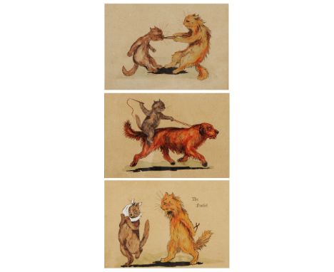 AFTER LOUIS WAIN 'The Dentist', a pair, early 20th Century prints, hand-coloured, 13 x 19.5cm; and one further - 'The Ride', 