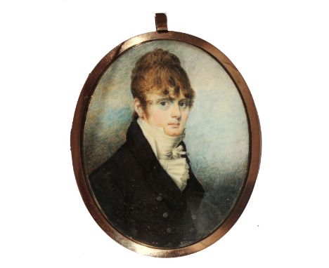 ENGLISH SCHOOL (EARLY 19TH CENTURY) Bust length portrait of a gentleman with curly brown hair and wearing white stock and but