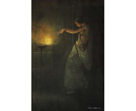 BISHNU HALDAR A female beauty making an offering at an Aladdin lamp, signed and dated '33, watercolour, 35 x 23cm, unframed