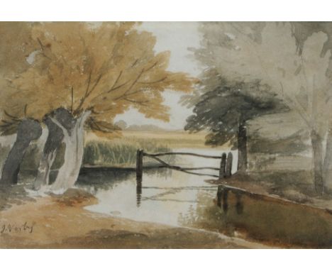 JOHN VARLEY (1778-1842) River landscape with gate, signed, watercolour, 18 x 27cm * With old backing board attached verso ins