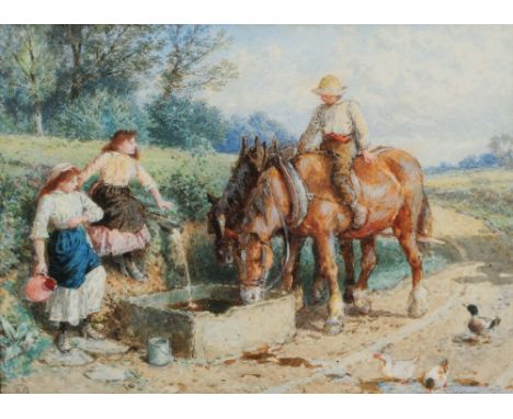MYLES BIRKETT FOSTER (1825-1899) The Drinking Trough, stamped with studio stamp, watercolour, 14.5 x 20cm With Agnews