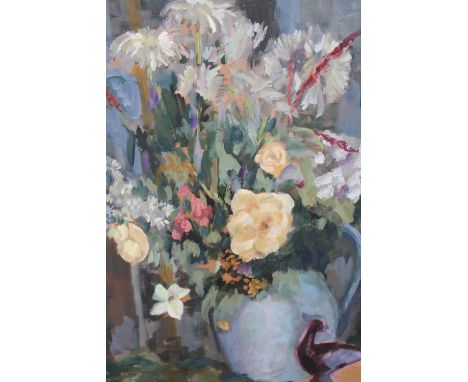 Two unframed oils, flowers in a blue jug, signed ' Methuen ', and portrait of a lady at a table, both 24ins x 20ins 