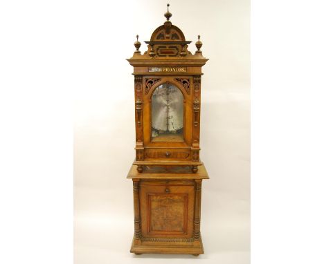 19th Century walnut cased upright symphonium playing nineteen and one eighth discs on two combs, the original base with a fur