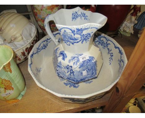 Victorian pottery and gilt floral decorated jug and basin set of swan design together with a Masons blue and white jug and bo