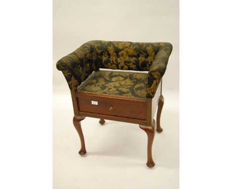 Early 20th Century mahogany chair back piano stool with button upholstery, single drawer and cabriole supports 