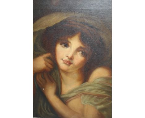 Unframed oil on canvas, head and shoulder portrait of a young lady adorned with a green scarf, 18.5ins x 15.5ins 