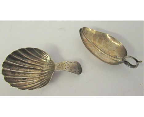 Early 19th Century silver caddy spoon in the form of a shell (at fault) and another similar in the form of a leaf (at fault) 