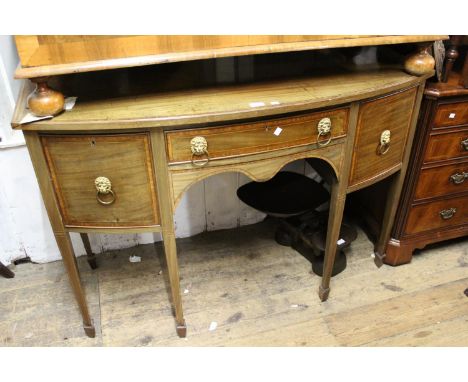 Edwardian George III style mahogany satinwood banded and line inlaid bow fronted sideboard with a centre drawer flanked by a 