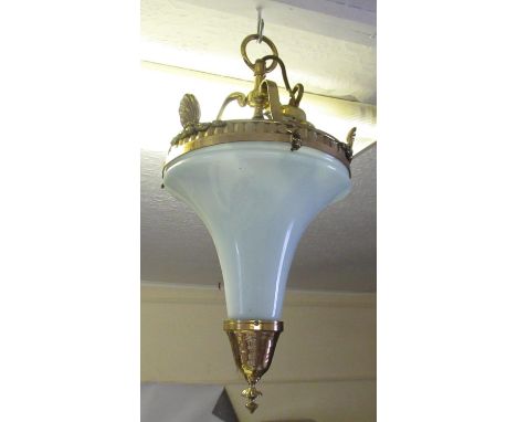 Good quality early 20th Century brass light fitting of circular tapering form with a pale blue opaque glass shadeOverall heig