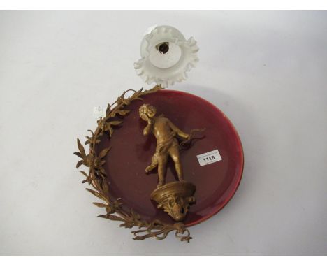 Early to mid 20th Century red glazed pottery and gilt metal mounted wall light of floral and cherub design with a small frost