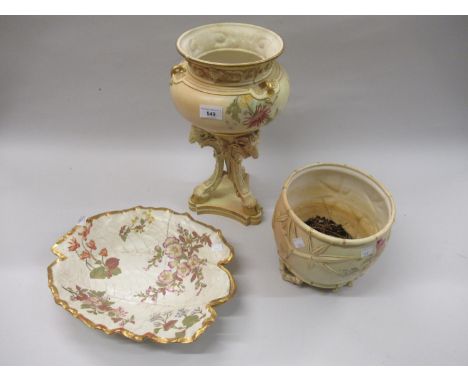 Large Royal Worcester blush ivory vase with floral decoration on a rams head and hoof tripod base (at fault), 15.5ins high to