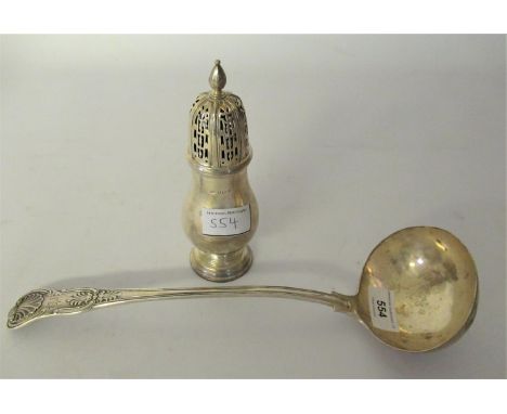 Large Victorian London silver shell and scroll pattern ladle and a Birmingham silver sugar casterVery slight dent to bowl of 