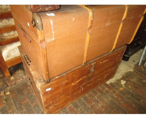 Wooden bound fibre cabin trunk together with two pine trunks 