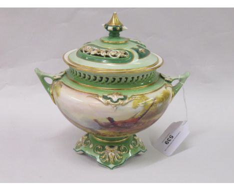 Royal Worcester Hadley ware pot pourri vase and cover, painted with pheasants in a landscape by W.E. Jarman, 7.5ins x 7.5ins 