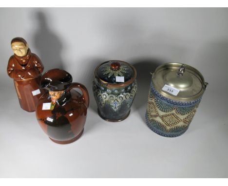 Doulton Lambeth biscuit barrel with silver plated mounts, Doulton tobacco jar and whisky flask (at fault) and a pottery decan