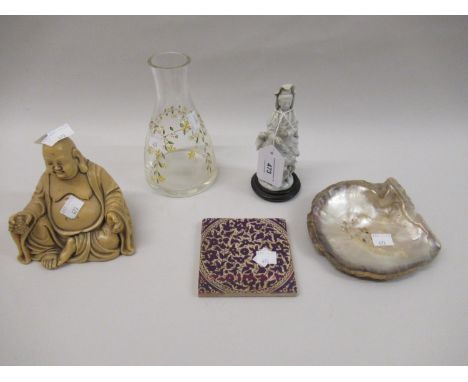 Small Chinese blanc de chine figure, 5.5ins high, a resin figure of Buddha, a floral decorated pottery tile and a mother of p