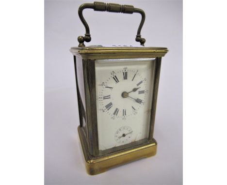 Early 20th Century French gilt brass carriage clock with alarm (enamel dial at fault and side panels replaced with Perspex) 