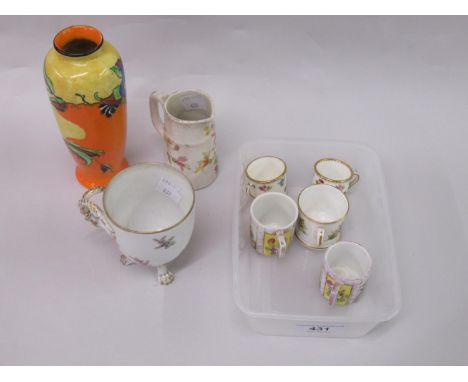 Pair of miniature Minton mugs, similar Worcester mug, pair of miniature Dresden cups and a Wilkinson Limited baluster vase de