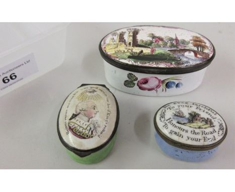 18th Century Battersea or Bilston type oval enamel patch box decorated with a figure by a bridge in a landscape, 3ins wide, t